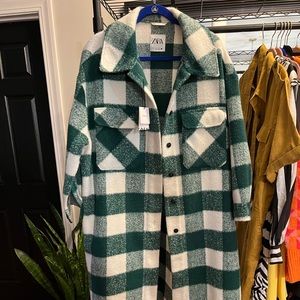 𝅺NWT Zara Oversized Long Plaid Shacket Green Black Size Large